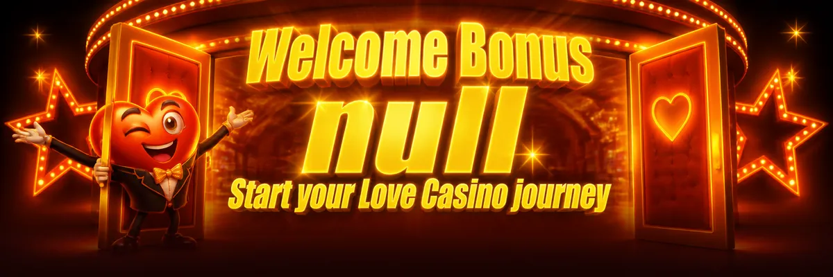 Orange and yellow Love Casino banner featuring a glowing heart mascot welcoming players into the casino